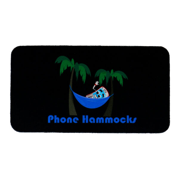 A blue and black phone hammock with palm trees